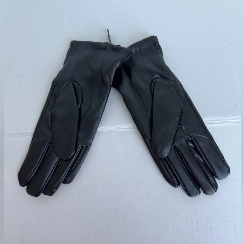 Black Faux Leather Gloves M/L Rabbit Fur Trim Winter Chic